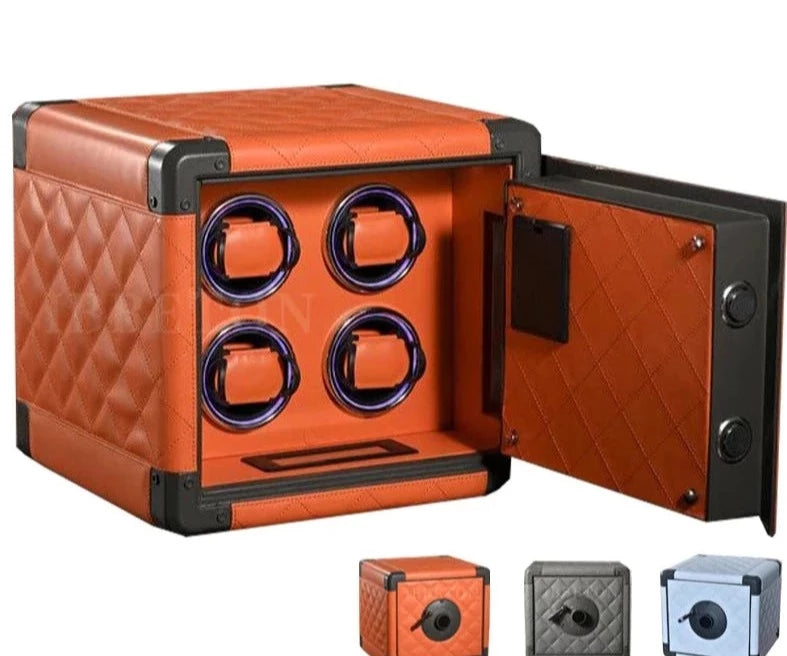 Luxury Leather Mini Watch Winder Safe Box Orange Black