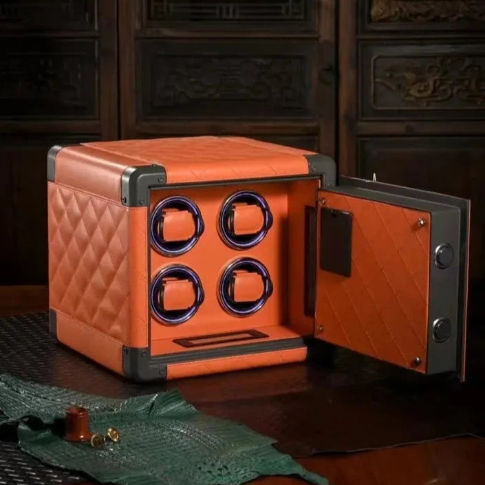 Luxury Leather Mini Watch Winder Safe Box Orange Black